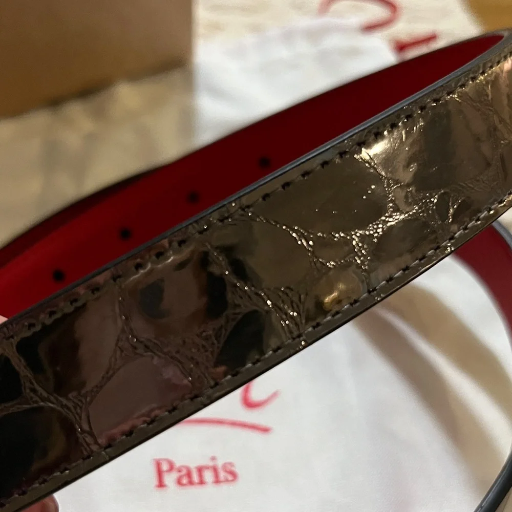 NWT Christian Louboutin Athracite Gun Metal Black Belt with Red Interior